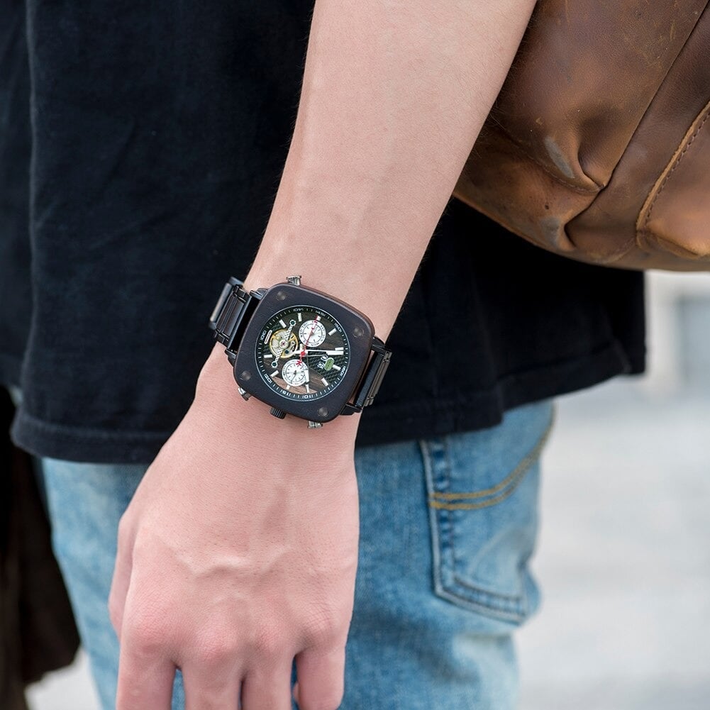 Fashionable Wood Square Mechanical Watch【BJ0552】