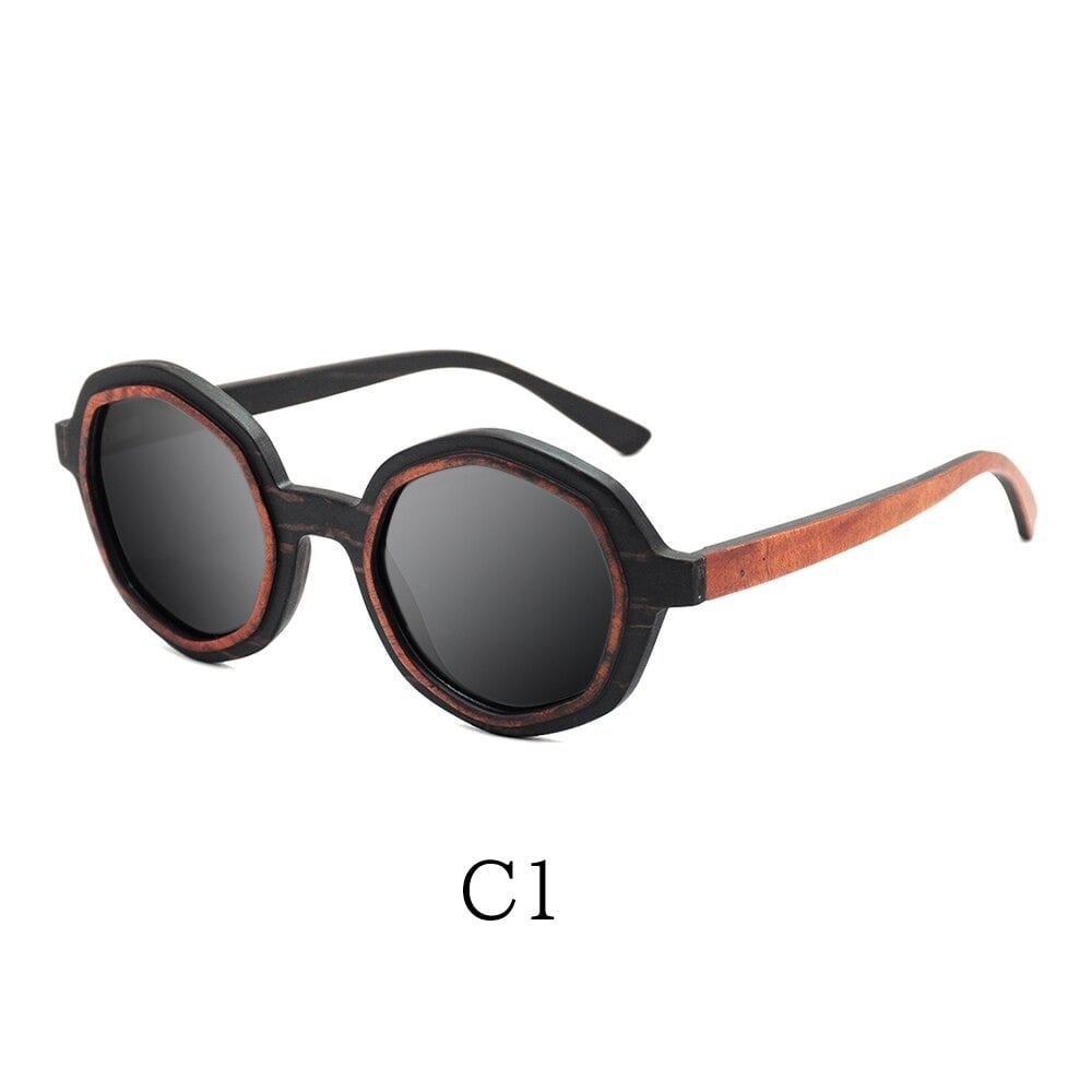Two Tone Wood Irregular Round Sunglasses【BJ0528】