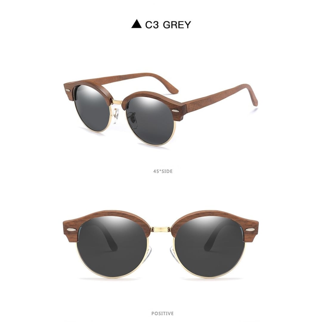 Wood Retro Round Semi-Rimless Sunglasses【BJ0523】