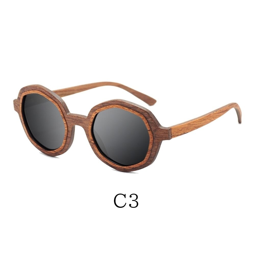 Two Tone Wood Irregular Round Sunglasses【BJ0528】