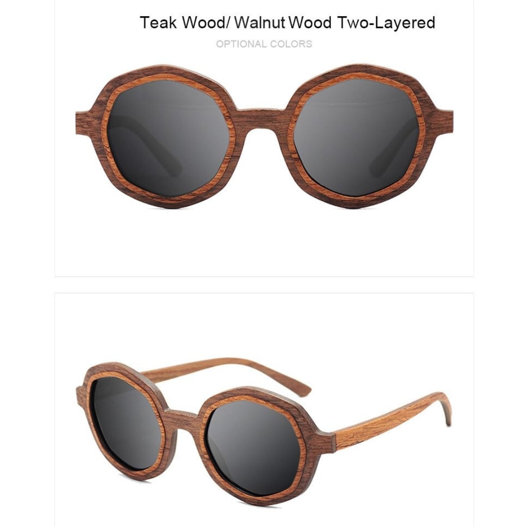 Two Tone Wood Irregular Round Sunglasses【BJ0528】
