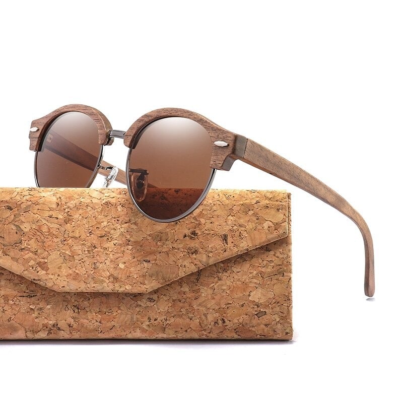 Wood Retro Round Semi-Rimless Sunglasses【BJ0523】