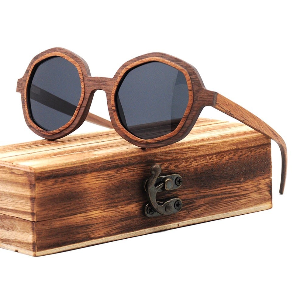 Two Tone Wood Irregular Round Sunglasses【BJ0528】