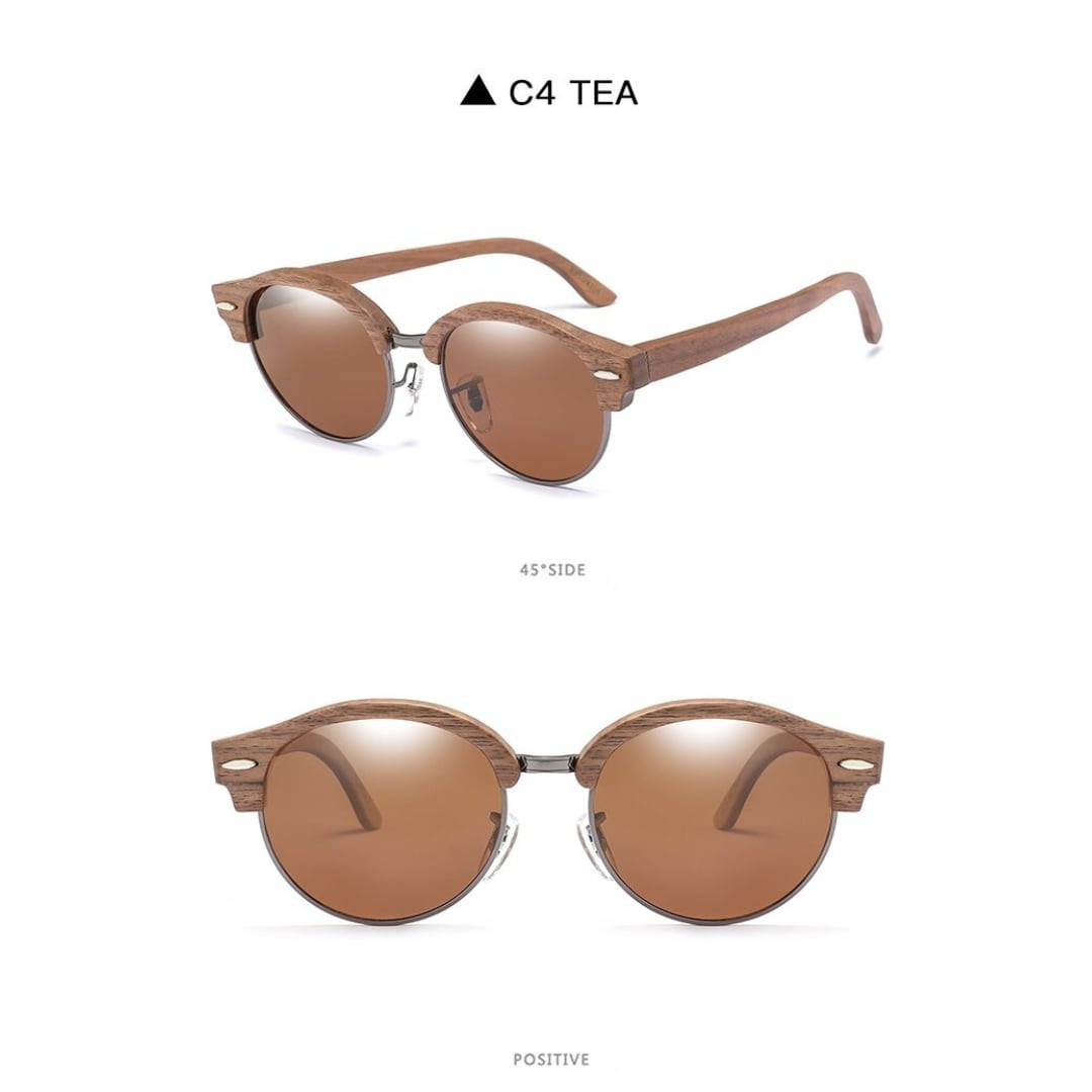 Wood Retro Round Semi-Rimless Sunglasses【BJ0523】