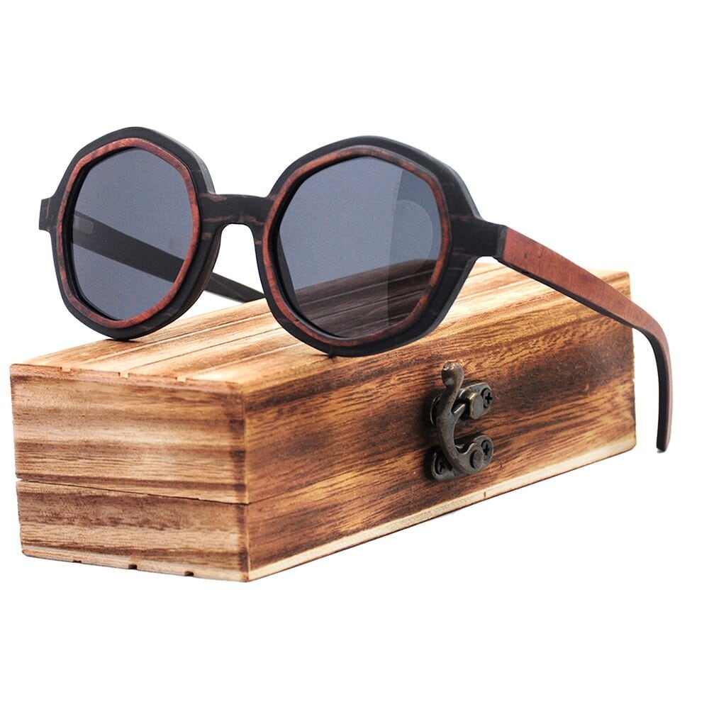 Two Tone Wood Irregular Round Sunglasses【BJ0528】
