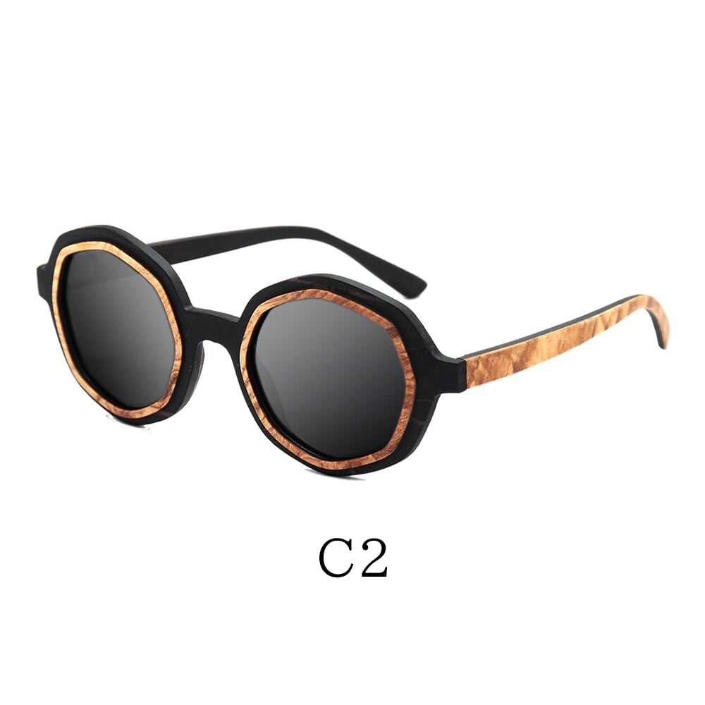 Two Tone Wood Irregular Round Sunglasses【BJ0528】