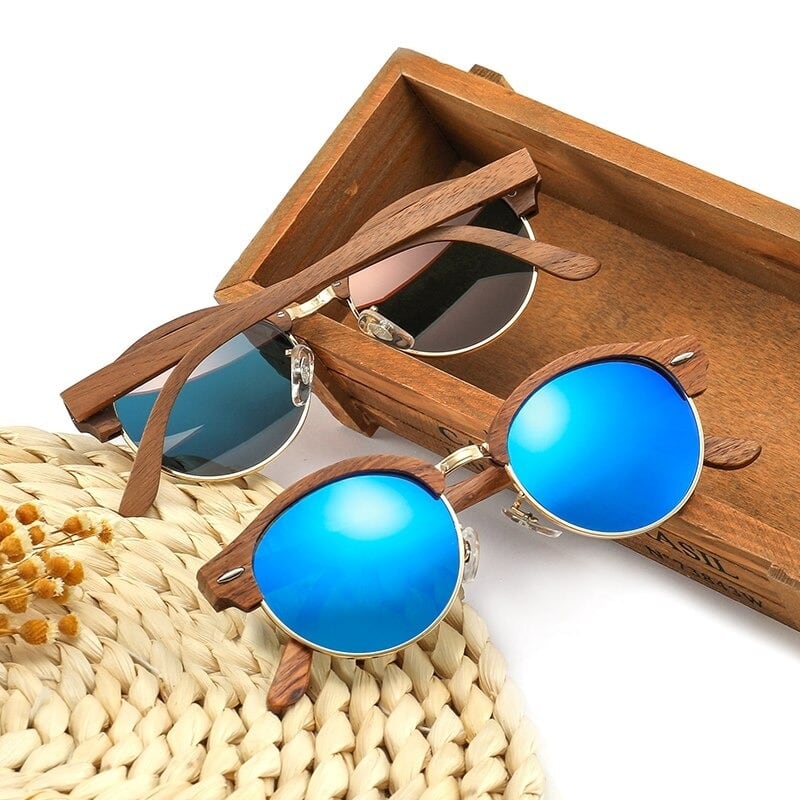 Wood Retro Round Semi-Rimless Sunglasses【BJ0523】