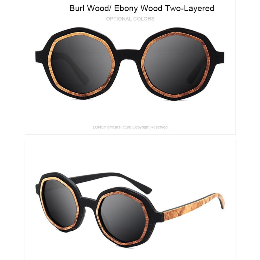 Two Tone Wood Irregular Round Sunglasses【BJ0528】